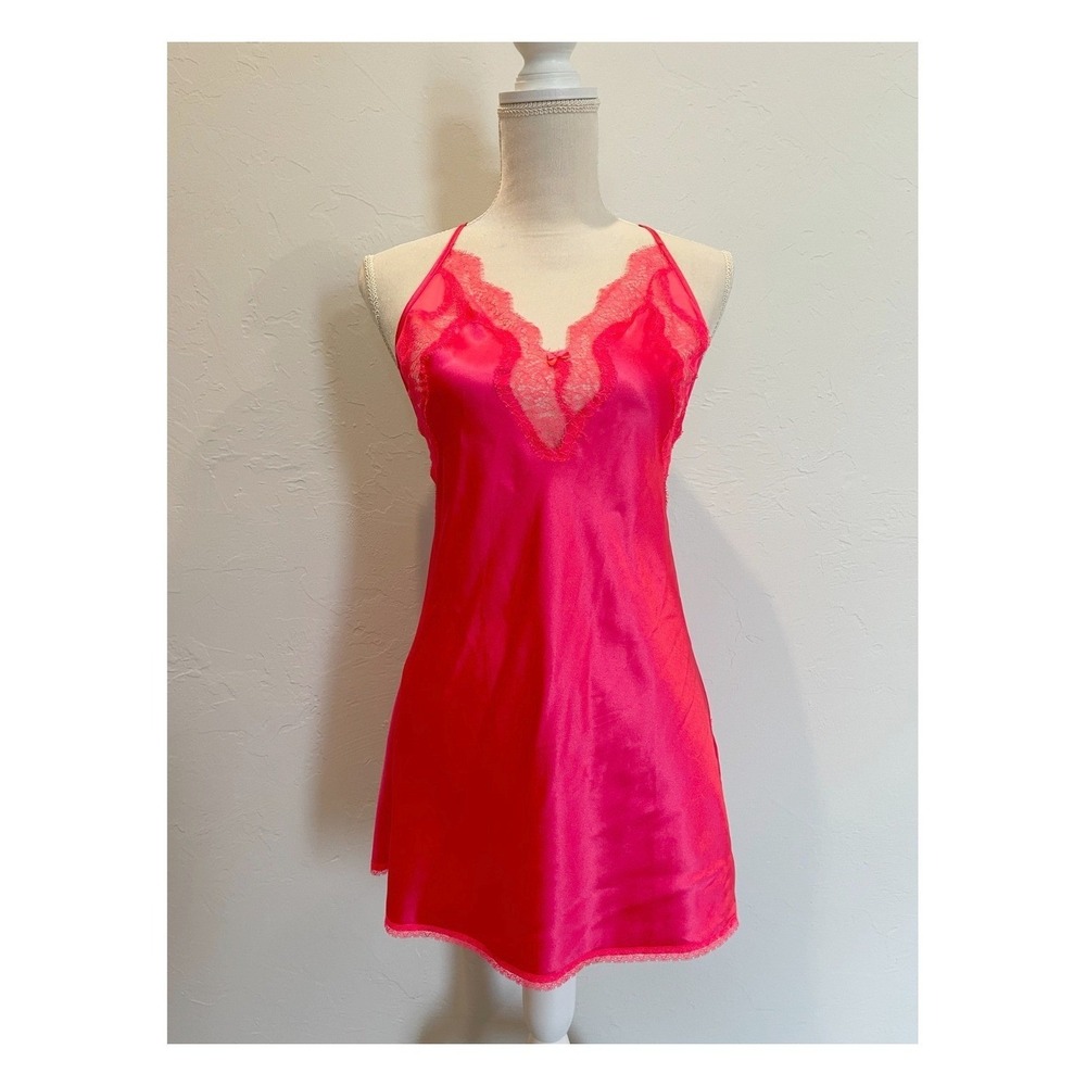 Victoria's Secretβ Womens Pink Satin Lace-Trim Plunge Babydoll Slip Dress Size S
